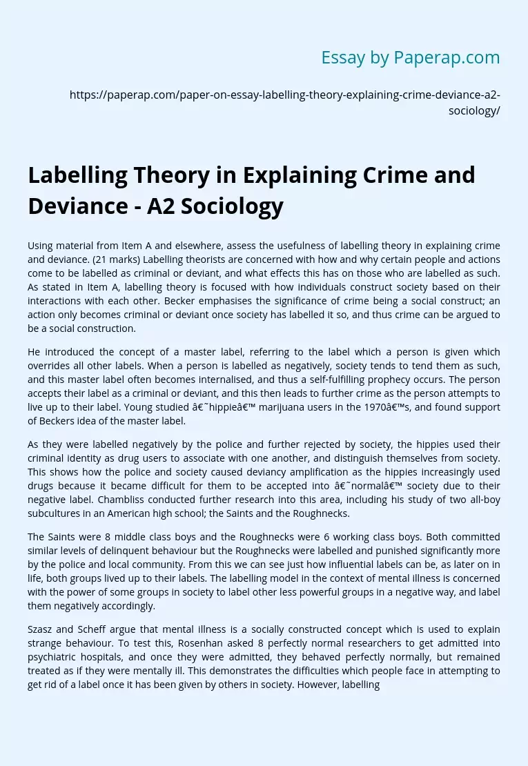 Labelling Theory in Explaining Crime and Deviance - A2 Sociology