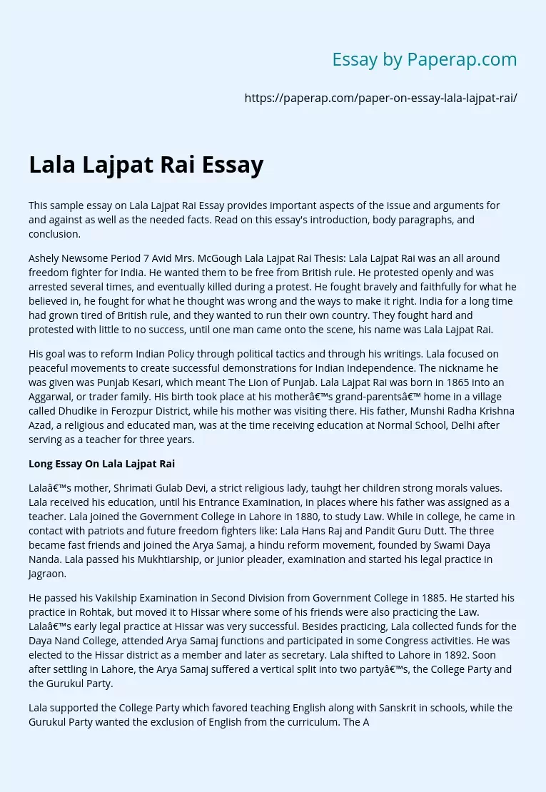 Lala Lajpat Rai Essay