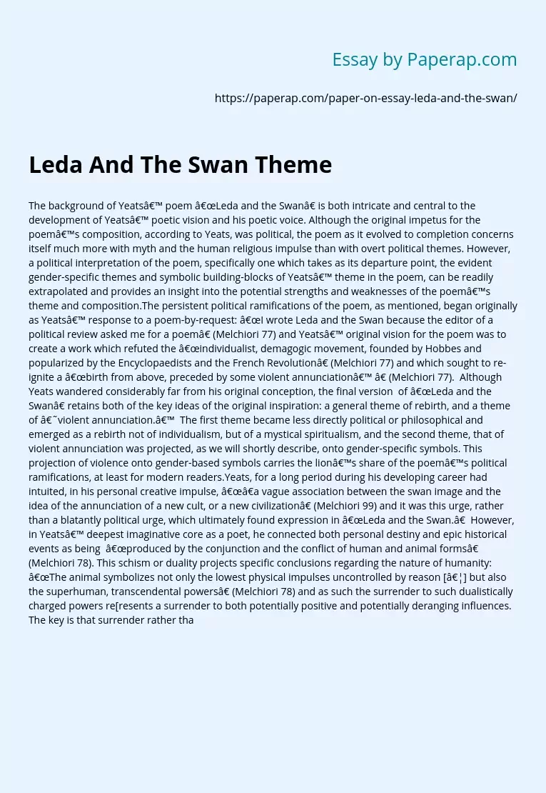 Background to Yeats' Poem Leda and the Swan Free Essay Example