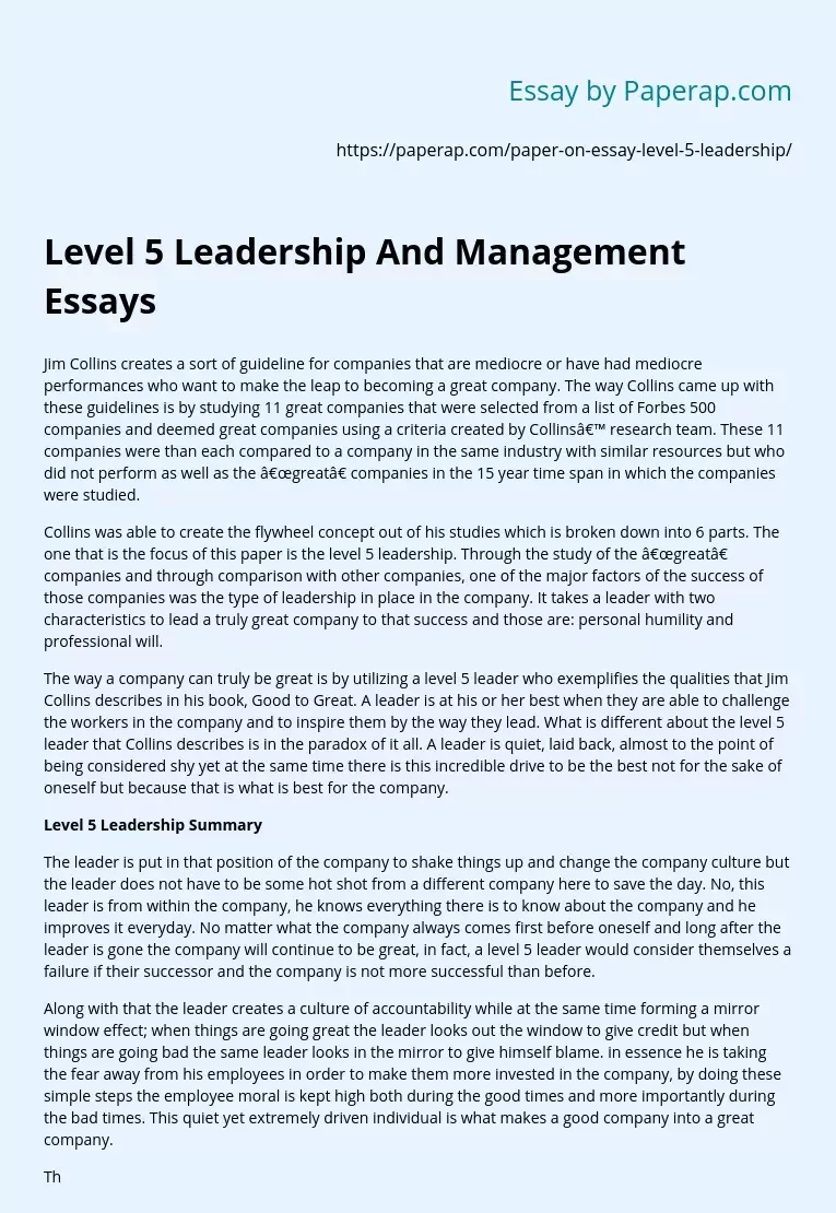 Level 5 Leadership And Management Essays