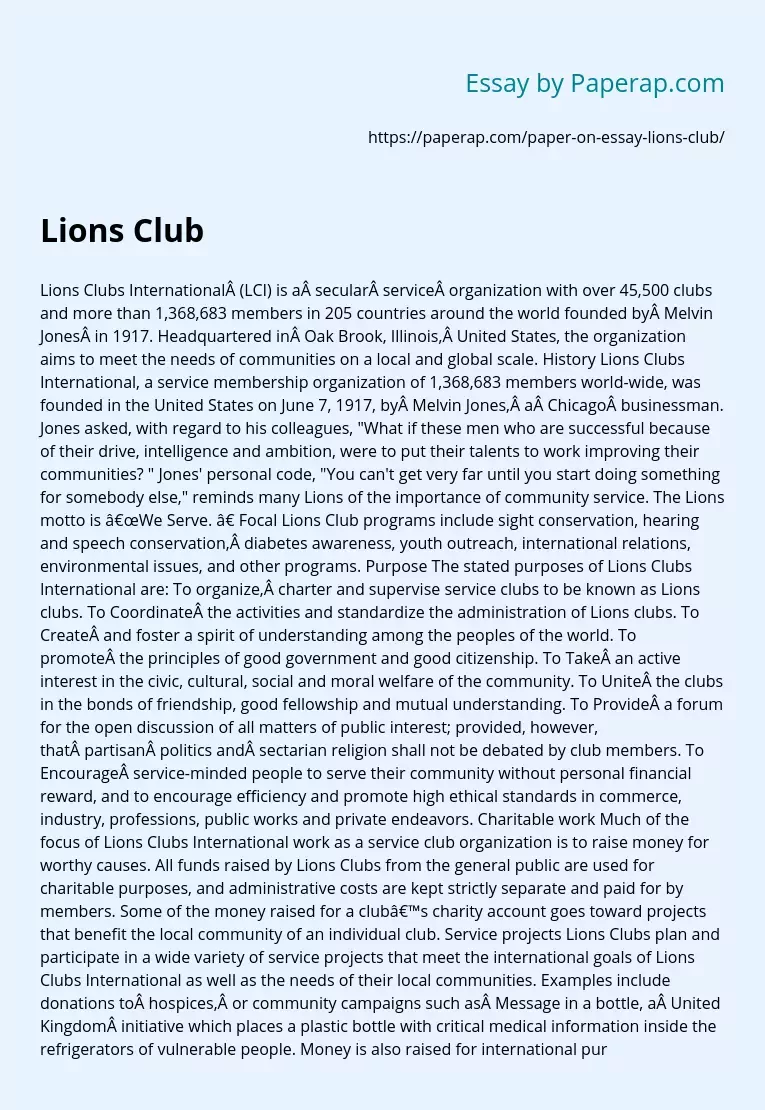 Lions Clubs International (LCI) History and Activity