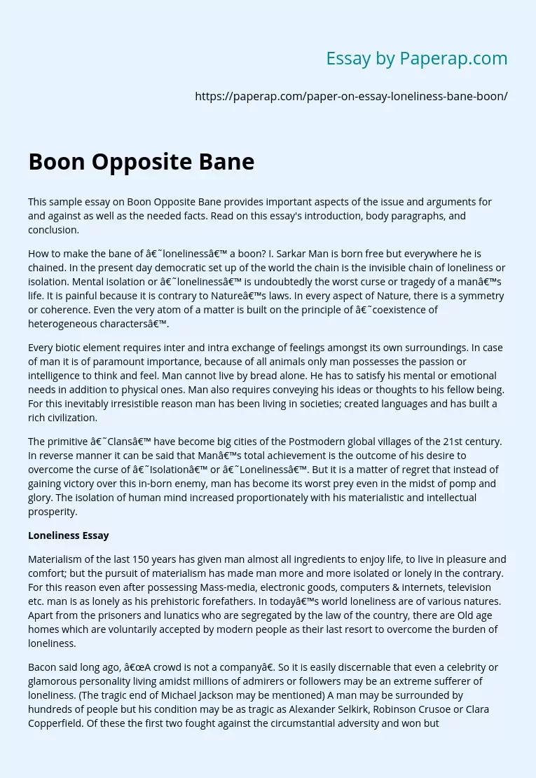 Sample Essay on Boon Opposite Bane