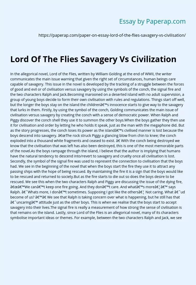 Lord Of The Flies Savagery Vs Civilization
