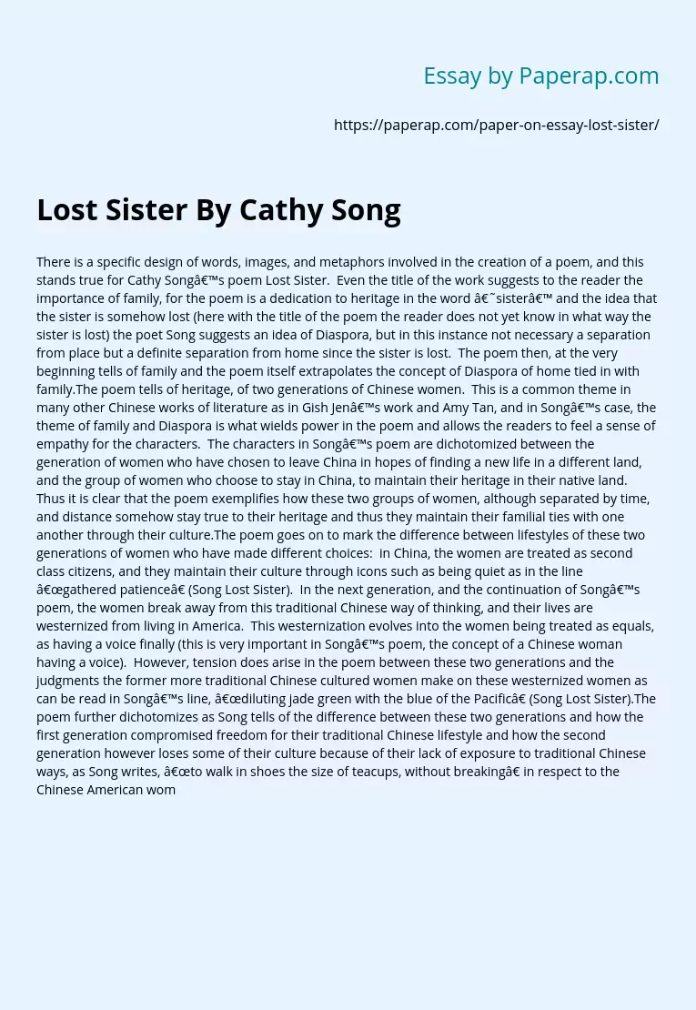 Lost Sister By Cathy Song