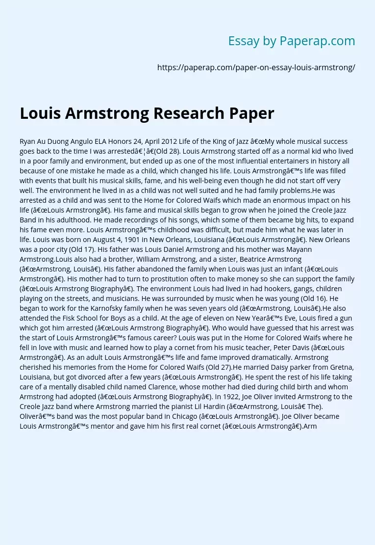 Реферат: Luis Armstrong Essay Research Paper Louis ArmstrongLouis
