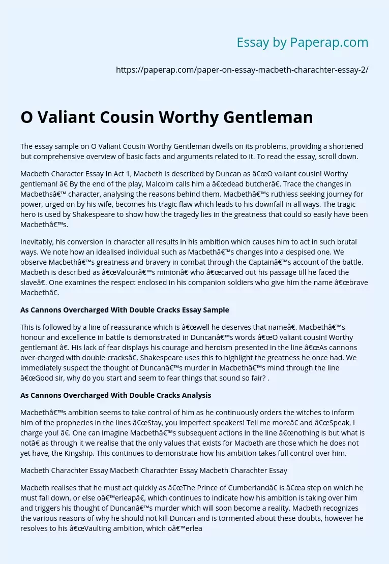 O Valiant Cousin Worthy Gentleman