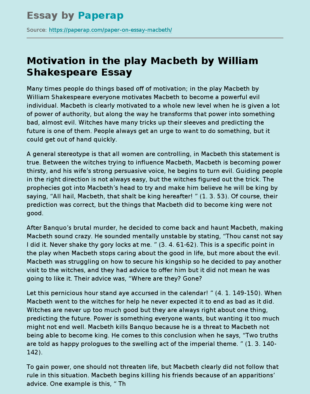 Motivation in the play Macbeth by William Shakespeare