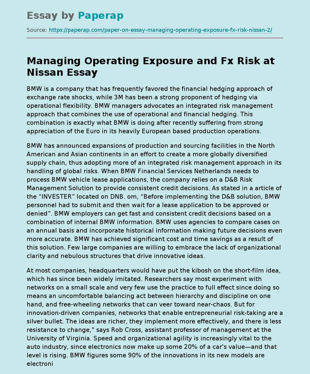Managing Operating Exposure and Fx Risk at Nissan