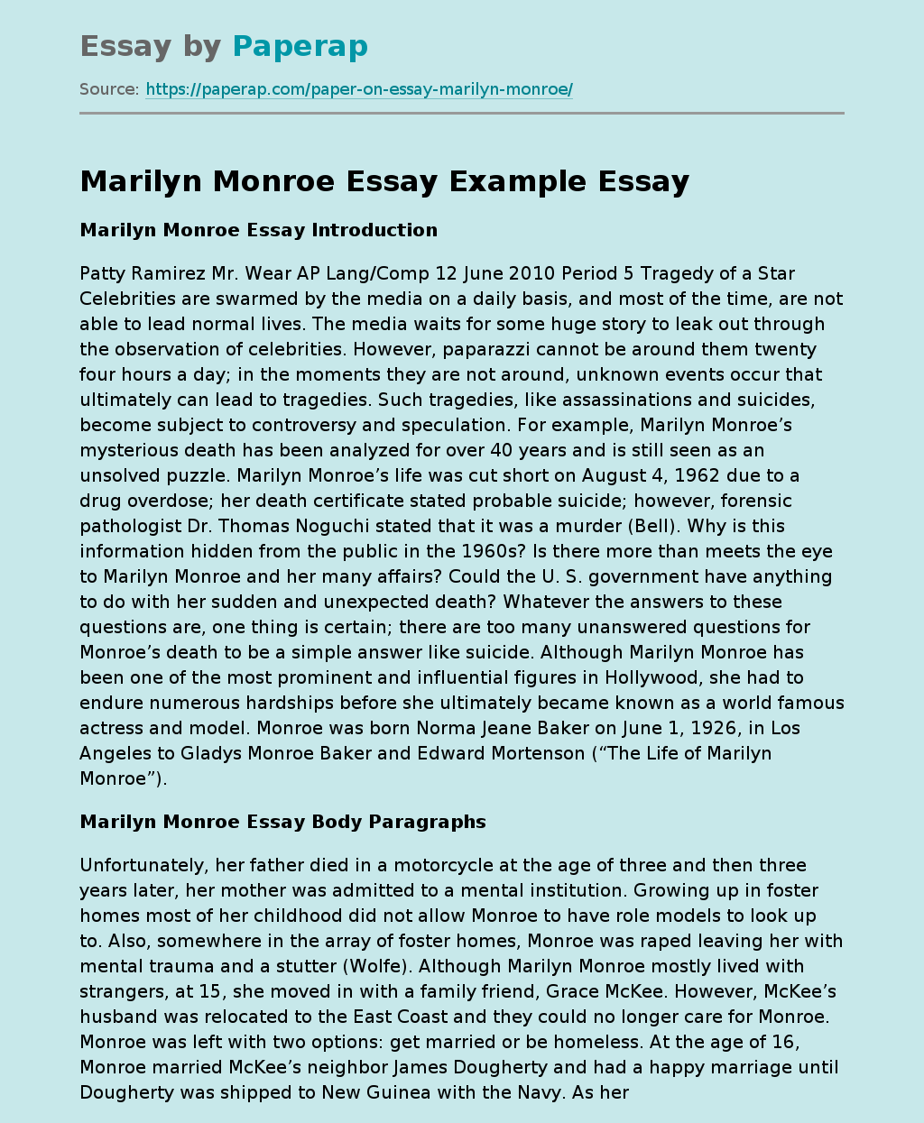 Marilyn Monroe Essay Example