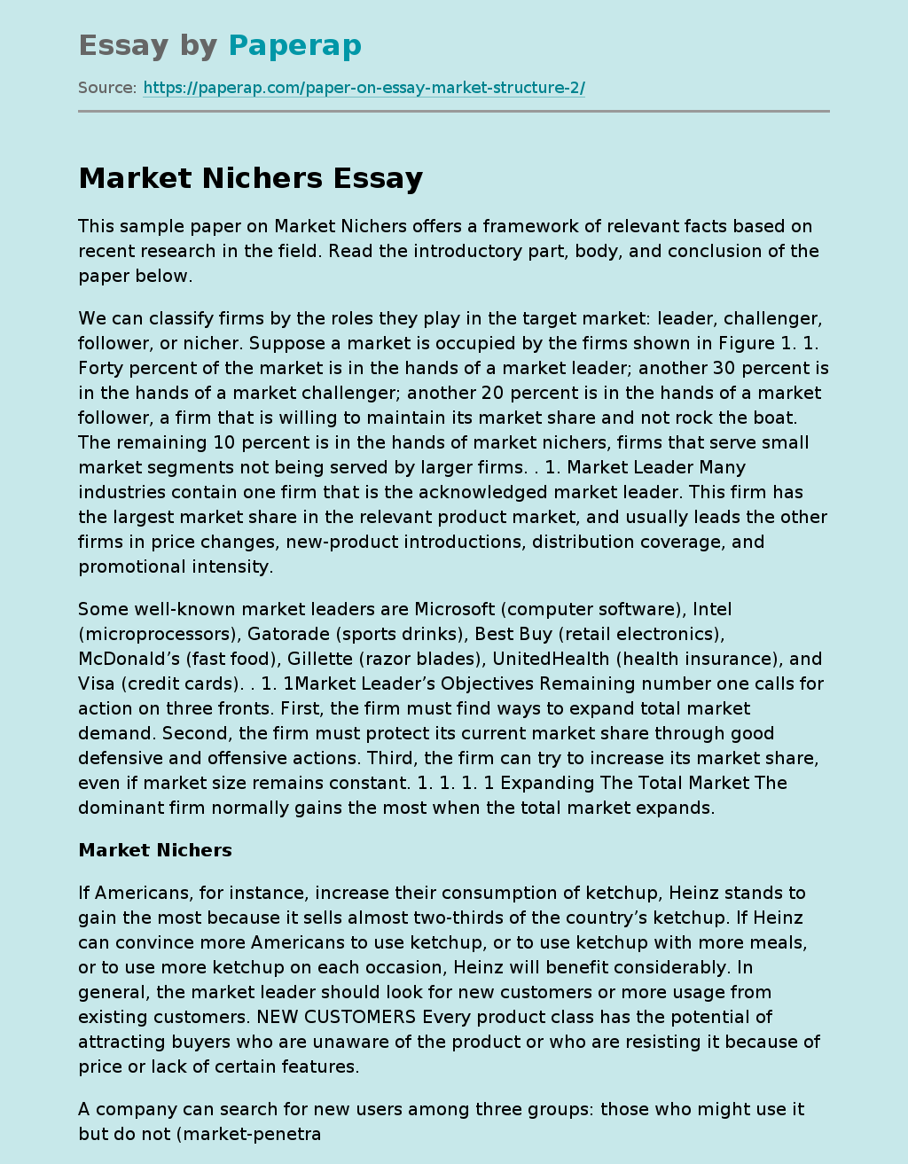 Sample Paper on Market Nichers