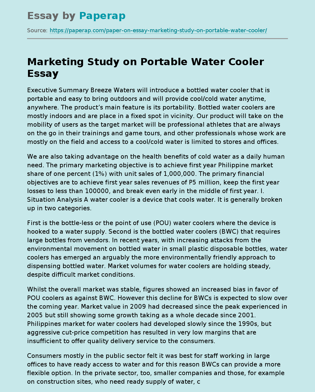 Marketing Study on Portable Water Cooler