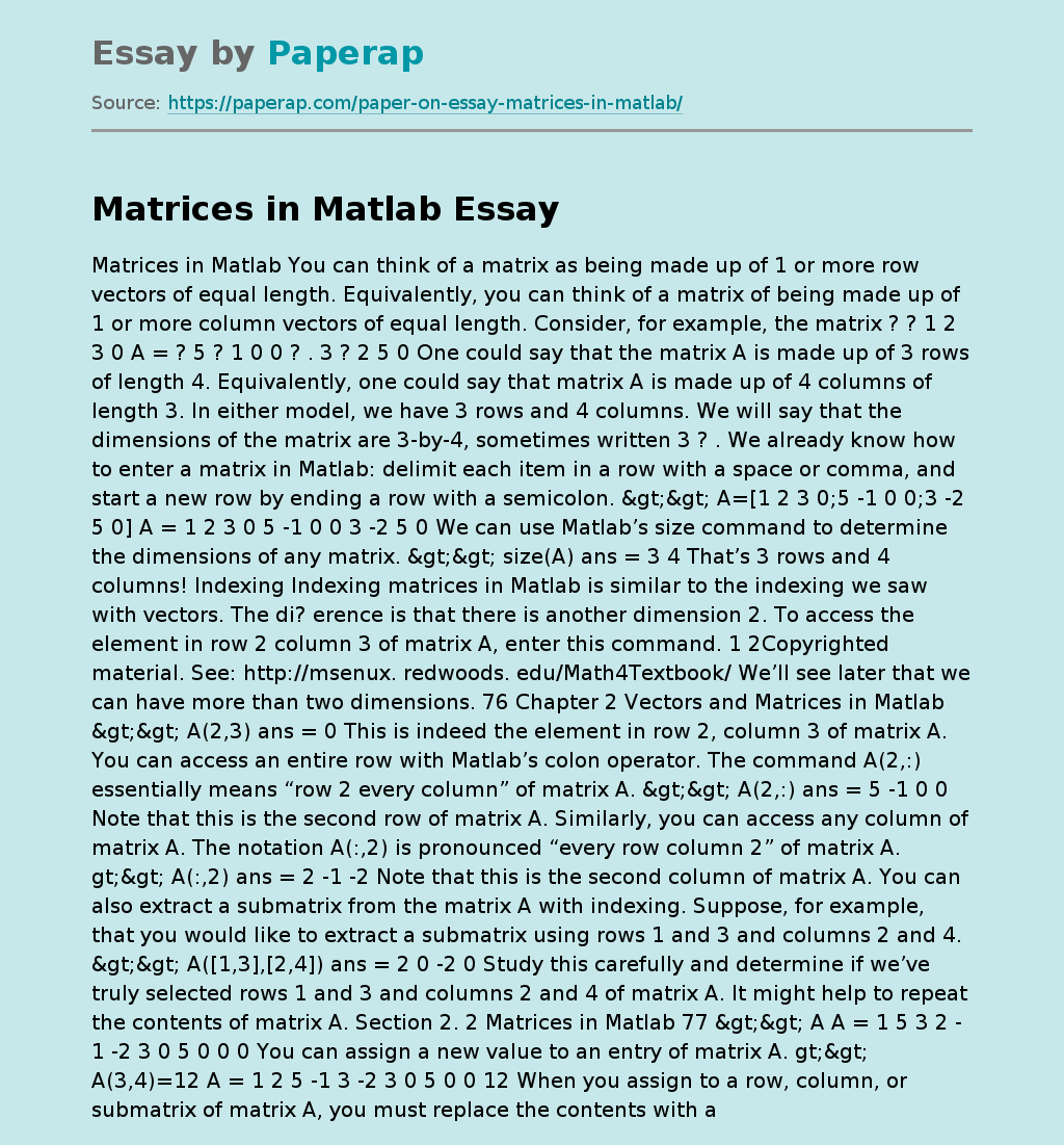 Matrices in Matlab