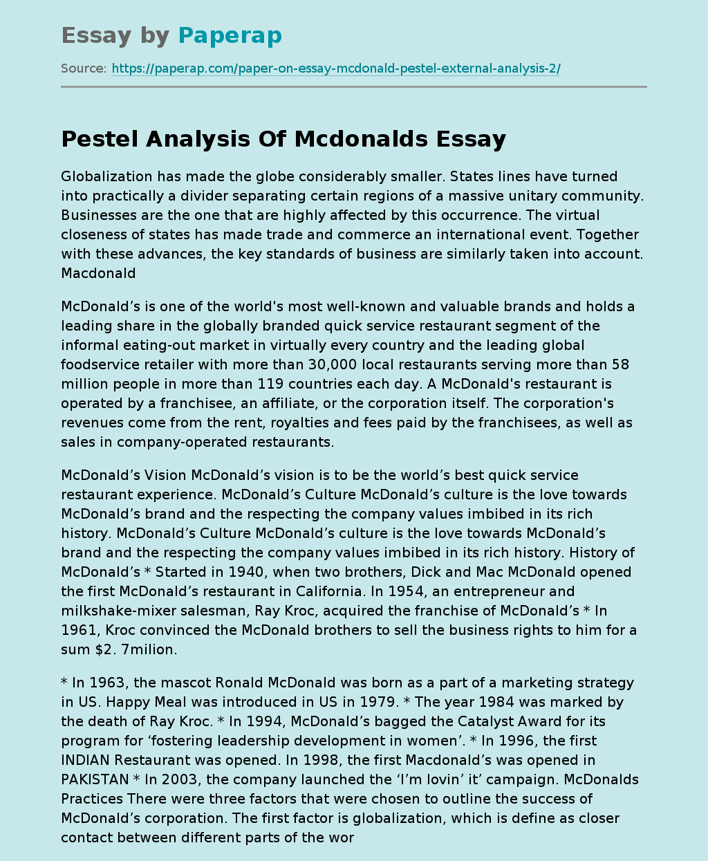 Pestel Analysis Of Mcdonalds