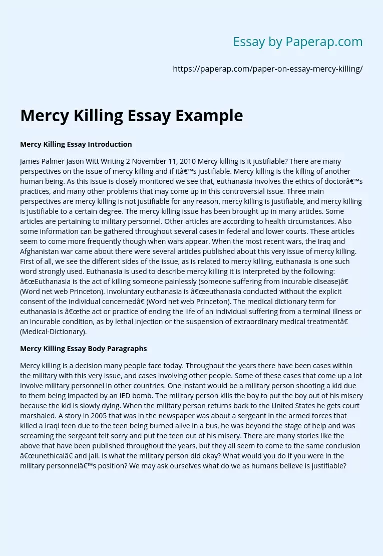 Mercy Killing Essay Example