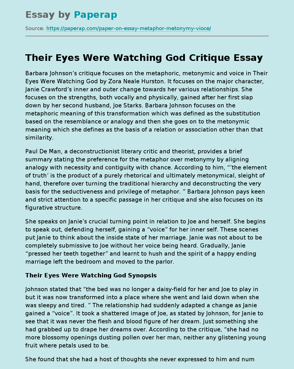 Their Eyes Were Watching God Critique