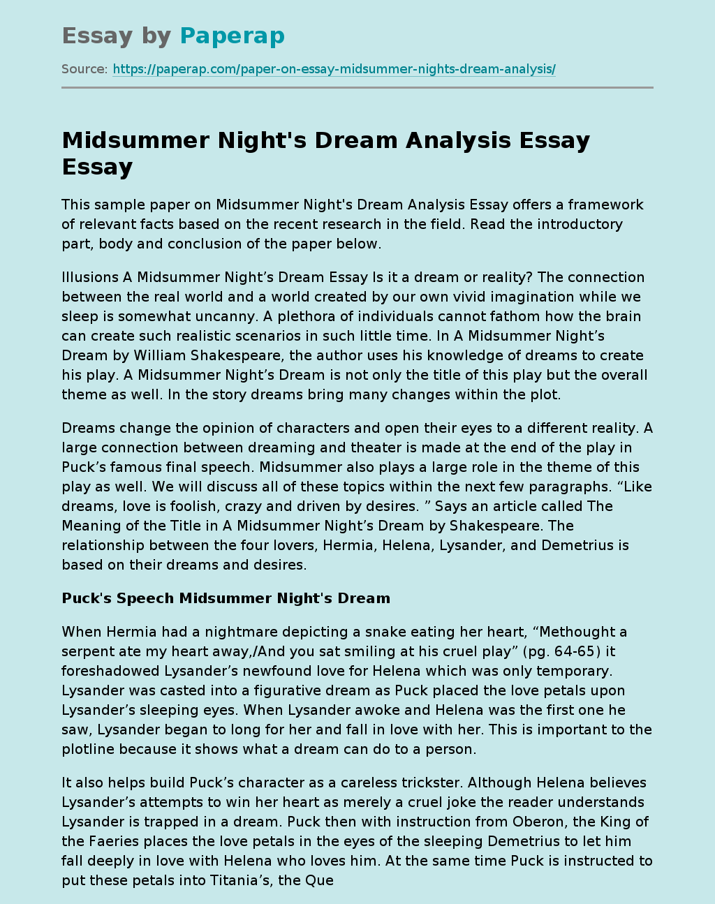 Midsummer Night's Dream Analysis Essay