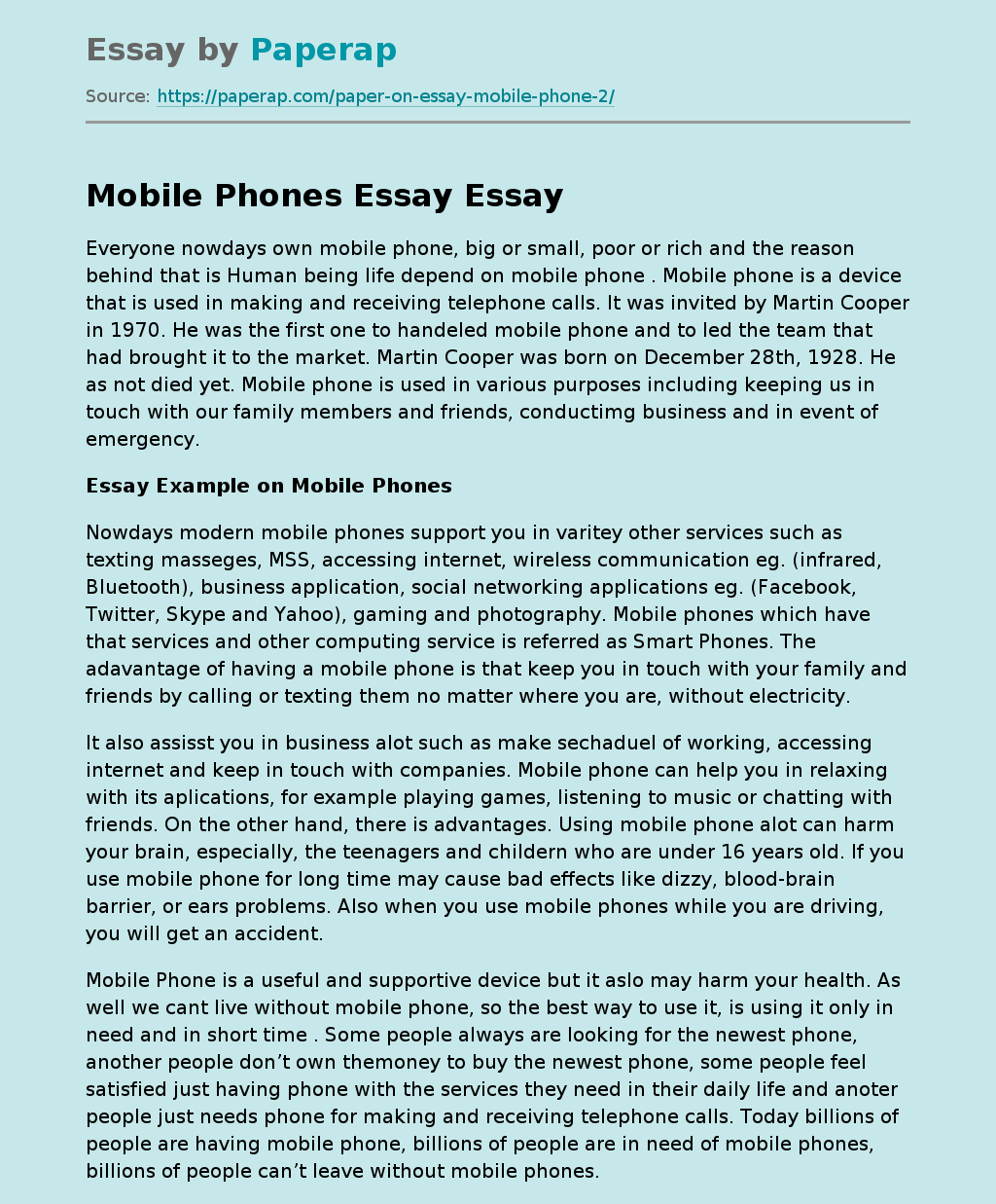 essay on mobile phone class 12