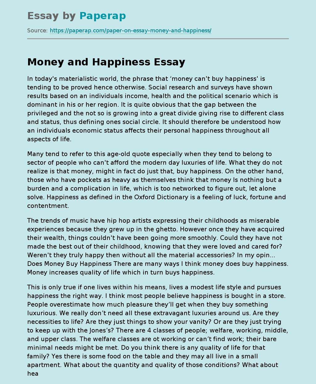 argumentative essay on money can't buy happiness