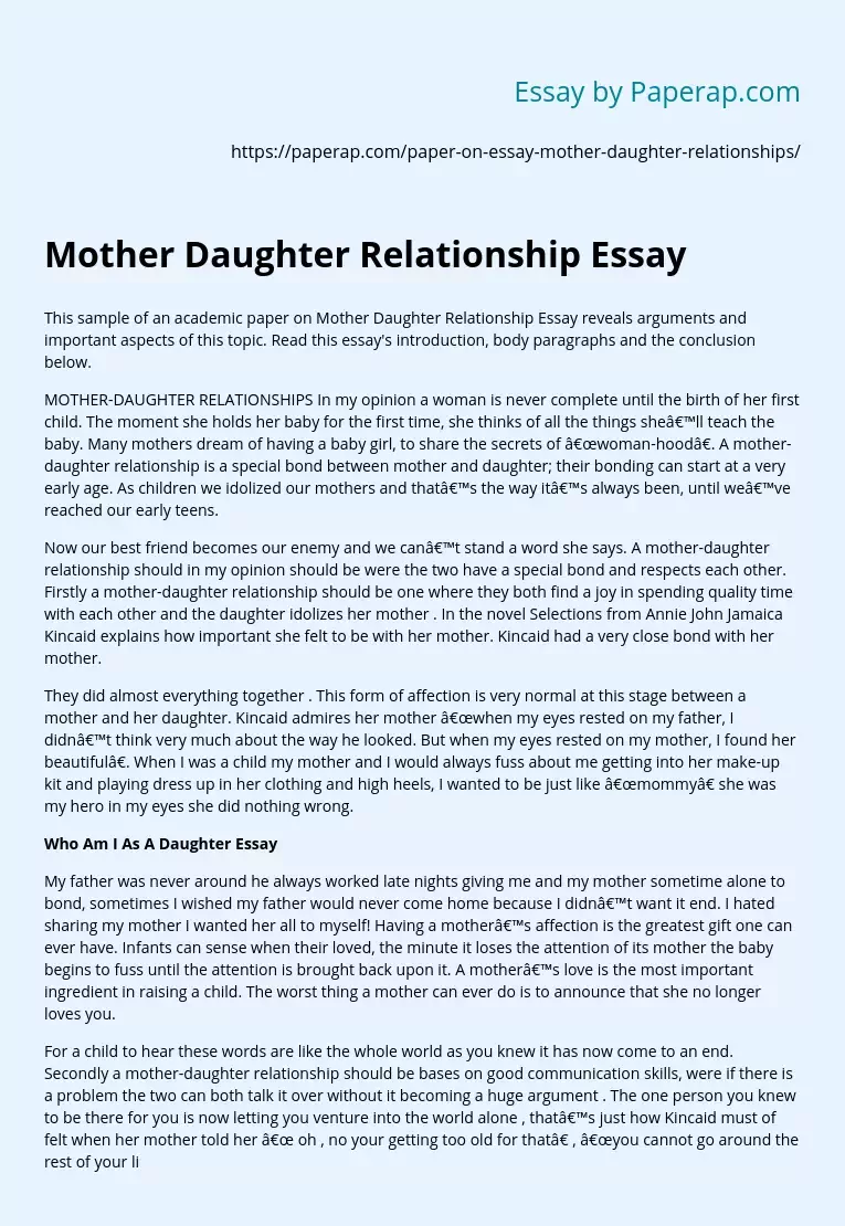 Mother Daughter Relationship Essay Free Essay Example