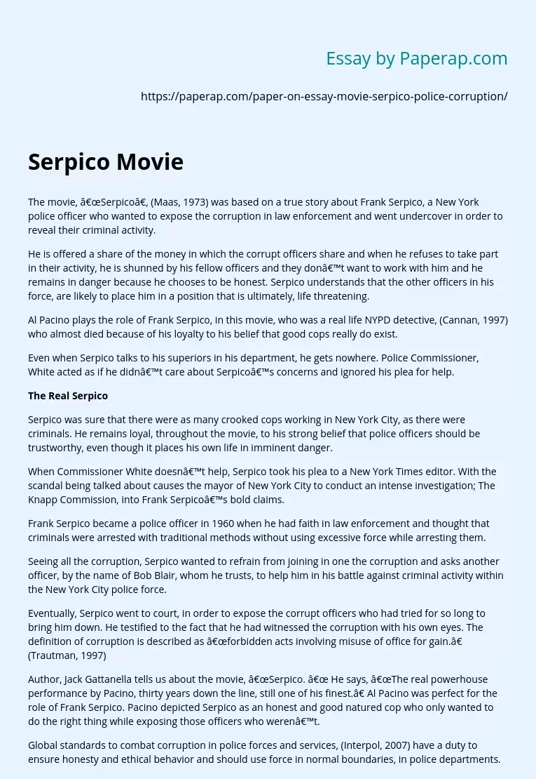 Serpico: True Story of Police Corruption