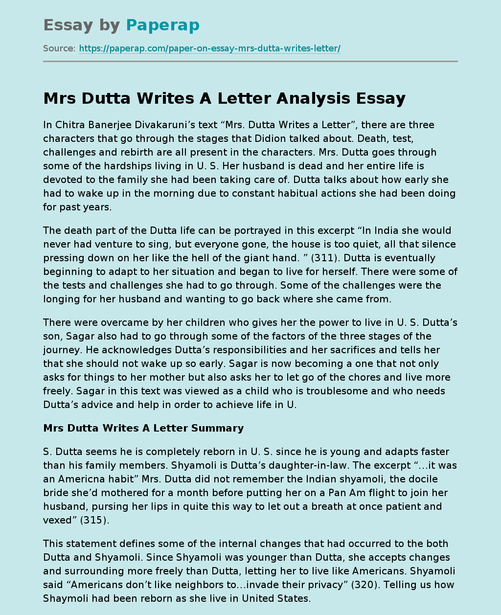 Mrs Dutta Writes A Letter Analysis