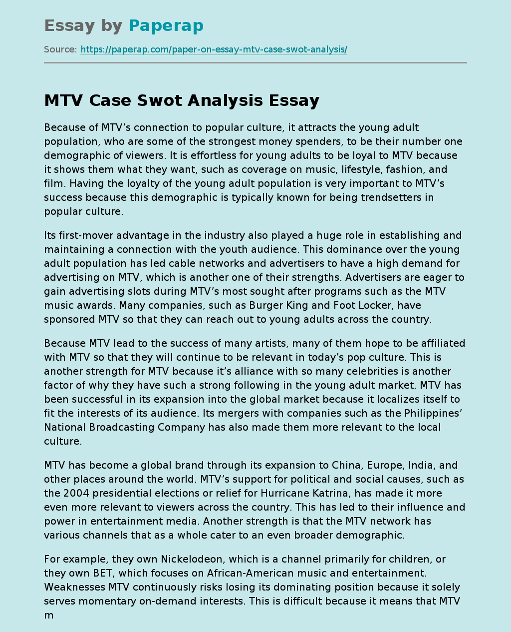 MTV Case Swot Analysis