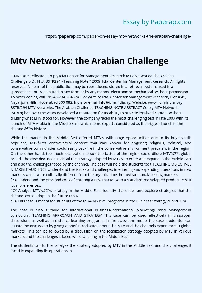 Mtv Networks: the Arabian Challenge