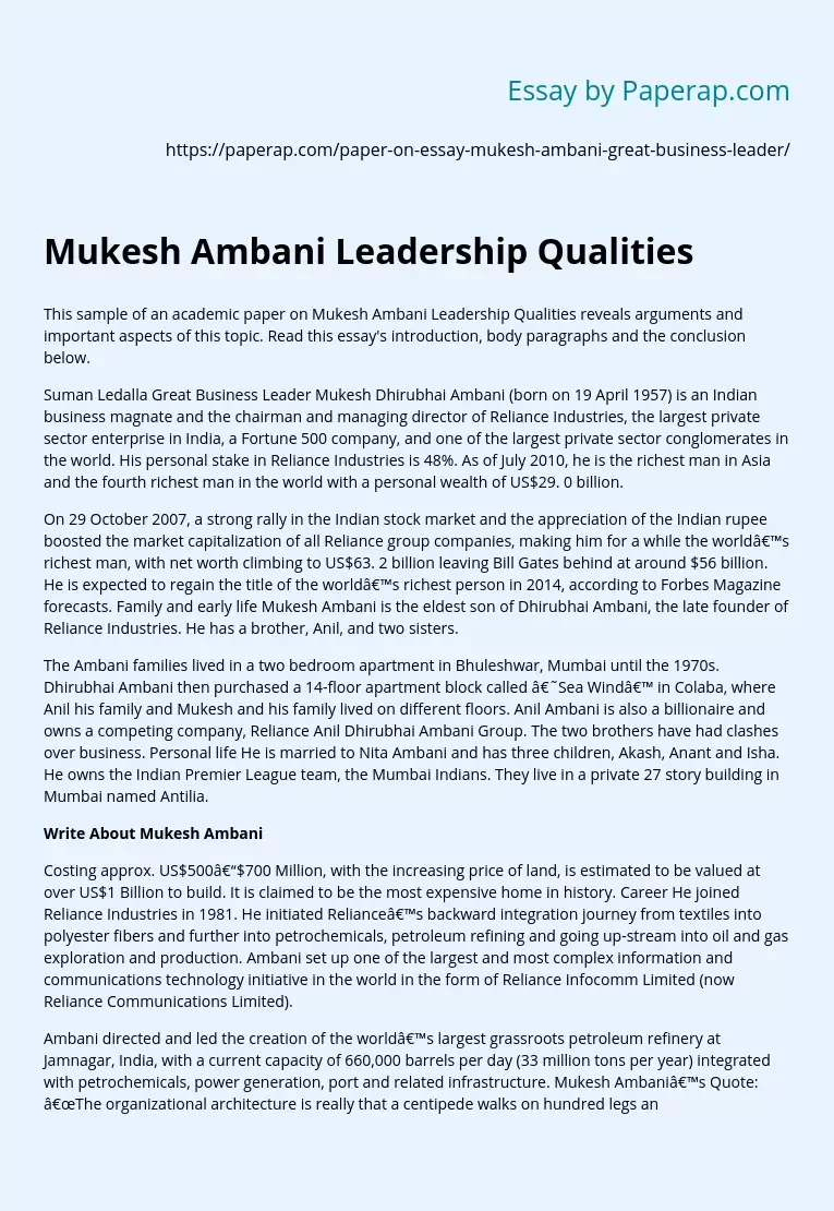 Mukesh Ambani Leadership Qualities