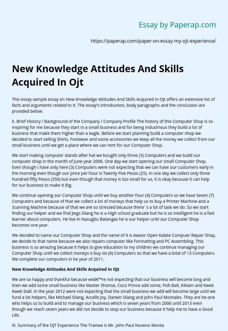 new knowledge attitudes and skills acquired in ojt in hotel