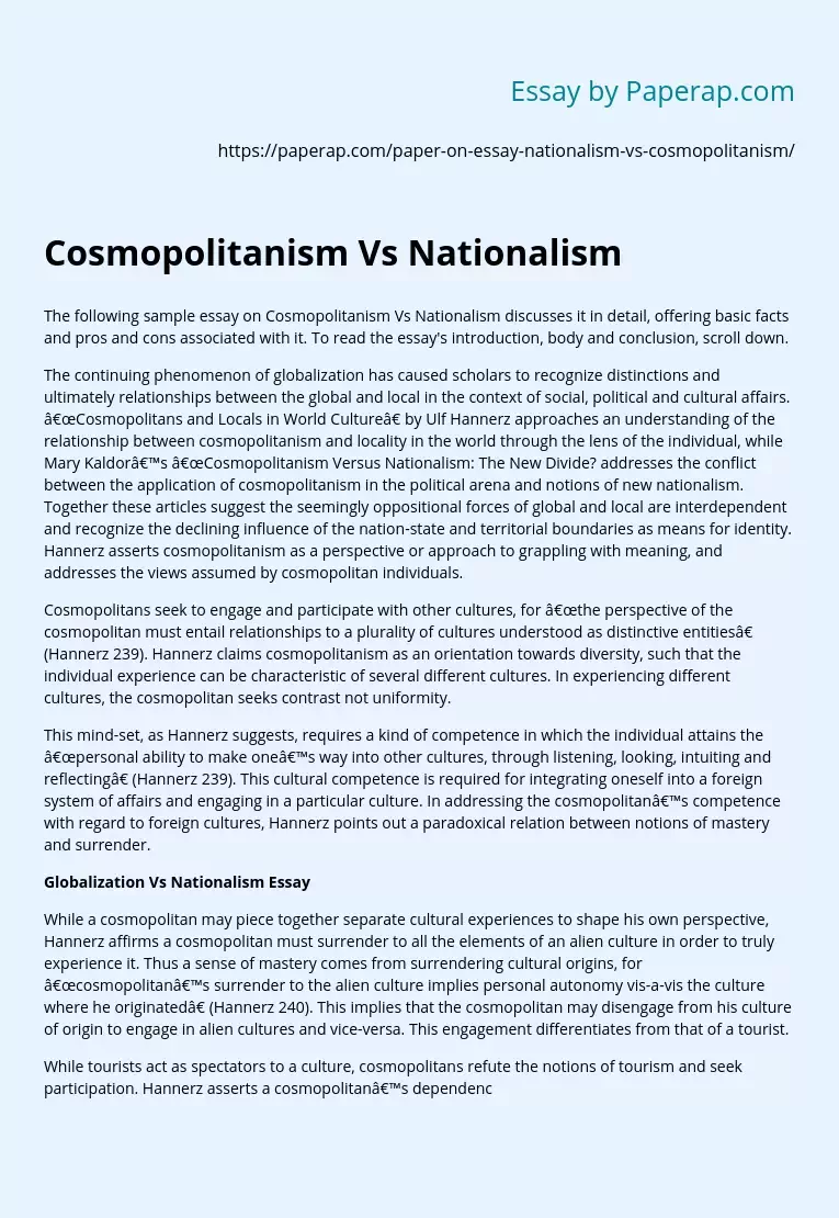 Cosmopolitanism Vs Nationalism