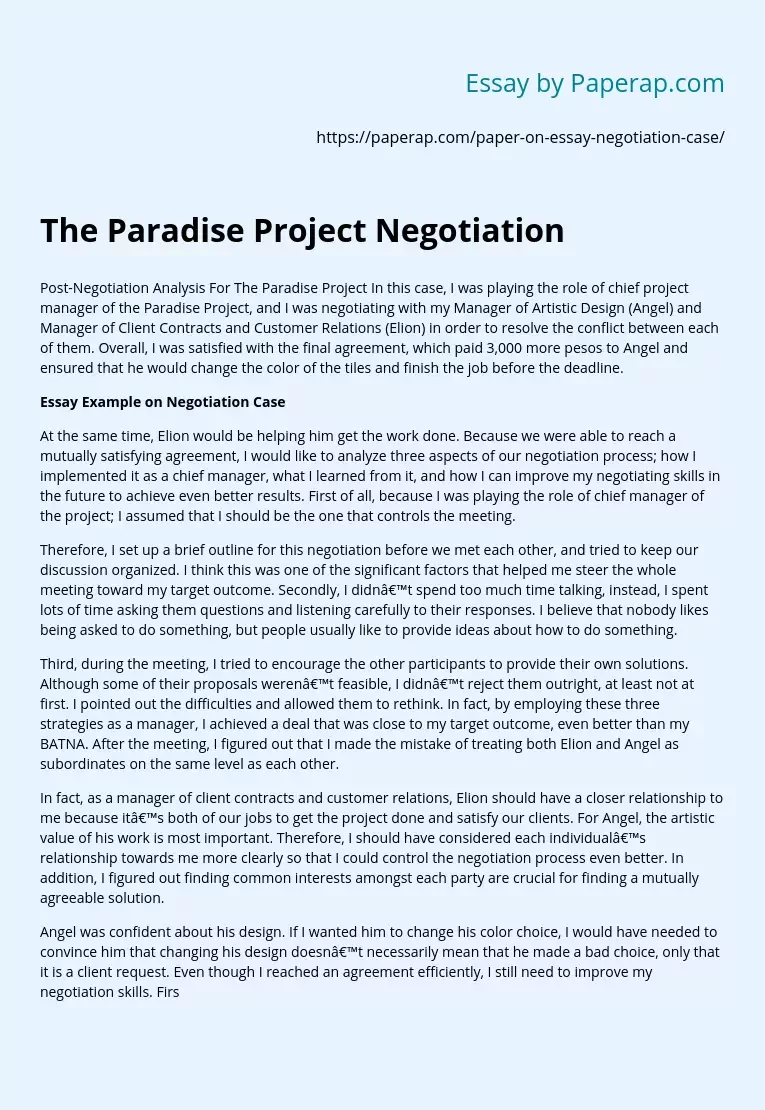 The Paradise Project Negotiation