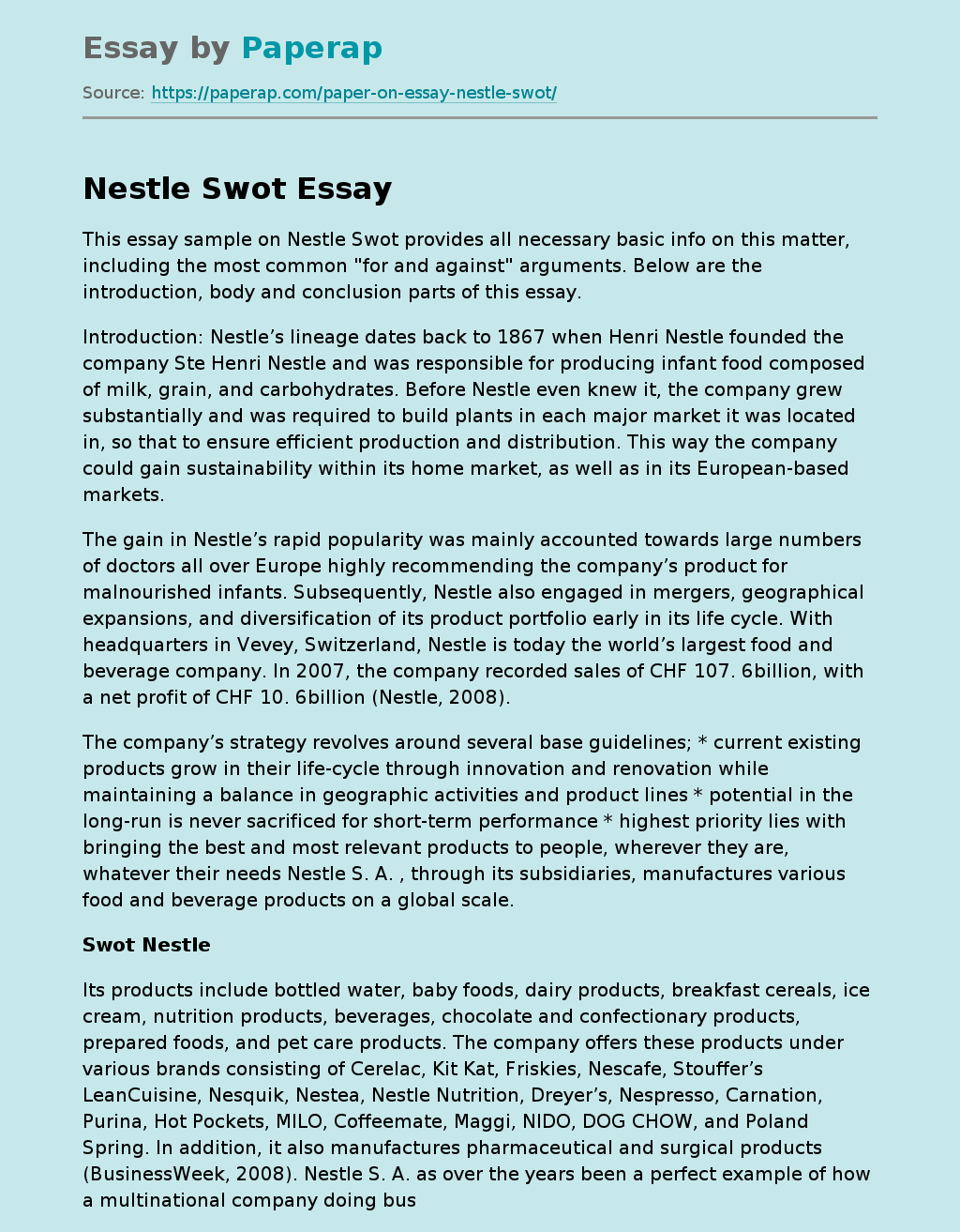 Sample Essay on Nestle SWOT