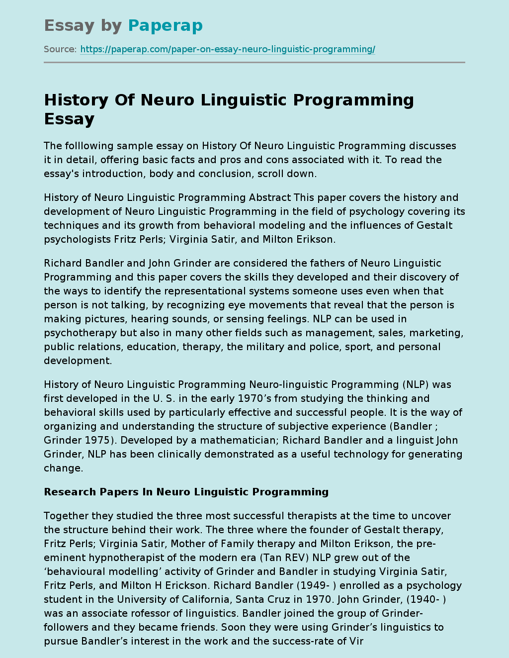 History Of Neuro Linguistic Programming