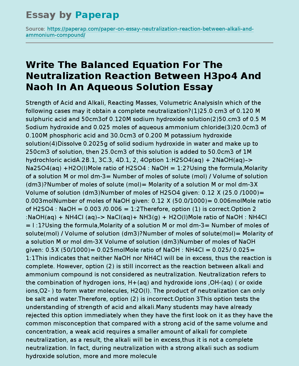 The Neutralization Reaction Between H3po4 And Naoh In An Aqueous Solution