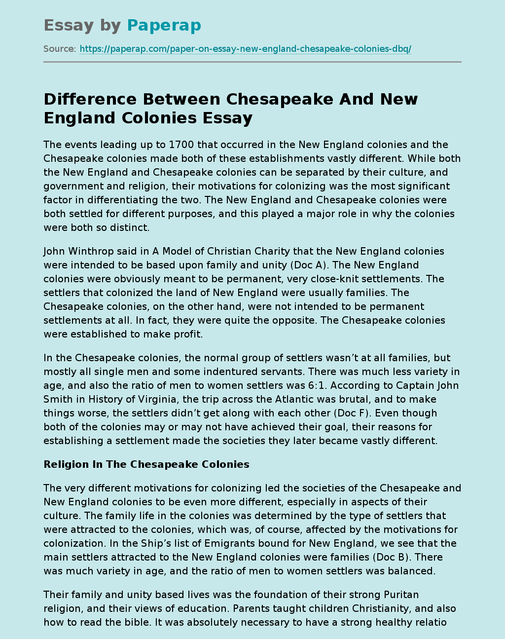 Difference Between Chesapeake And New England Colonies