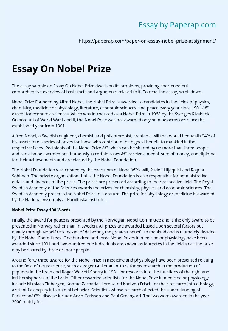 Essay On Nobel Prize Assignment History