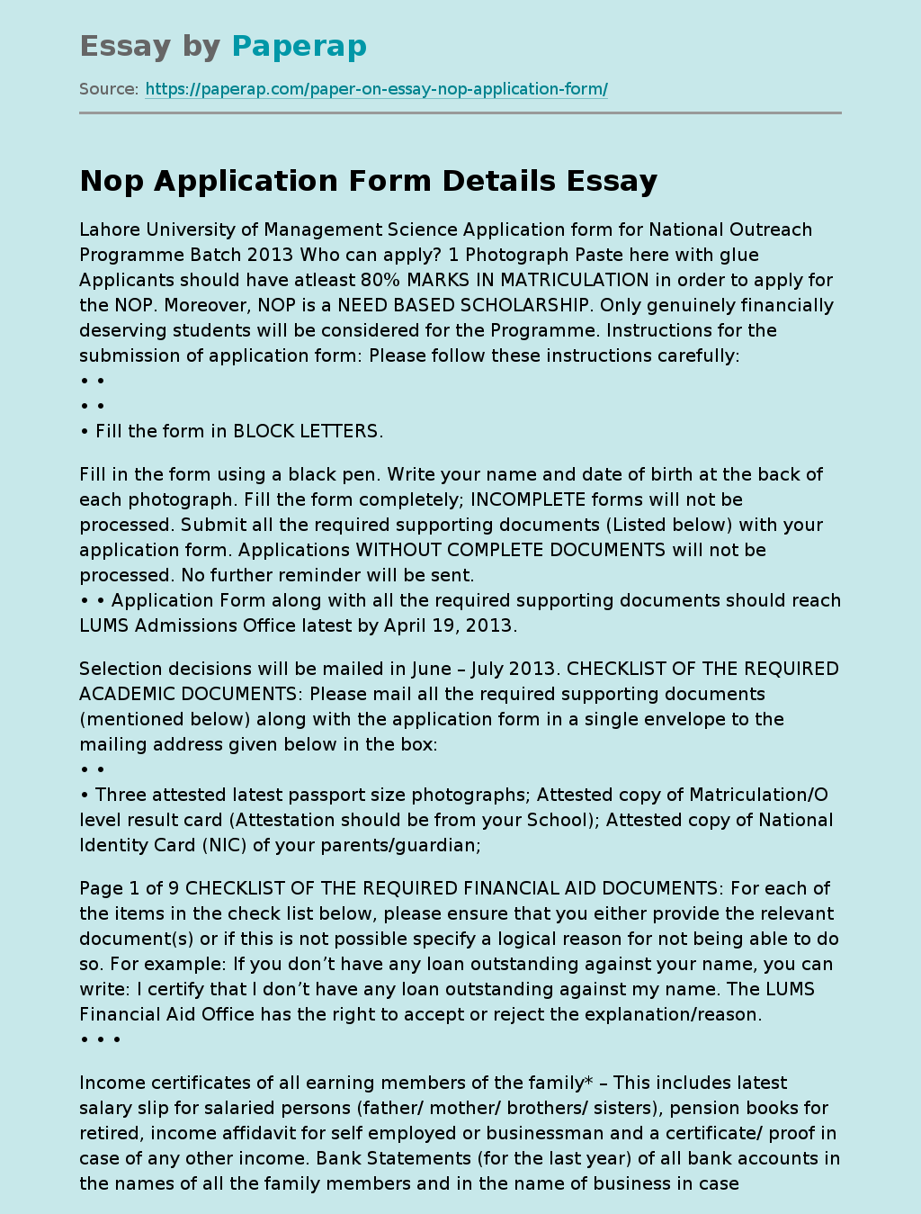 Nop Application Form Details