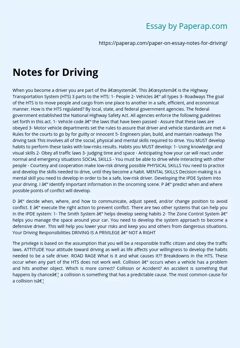 Notes for Driving
