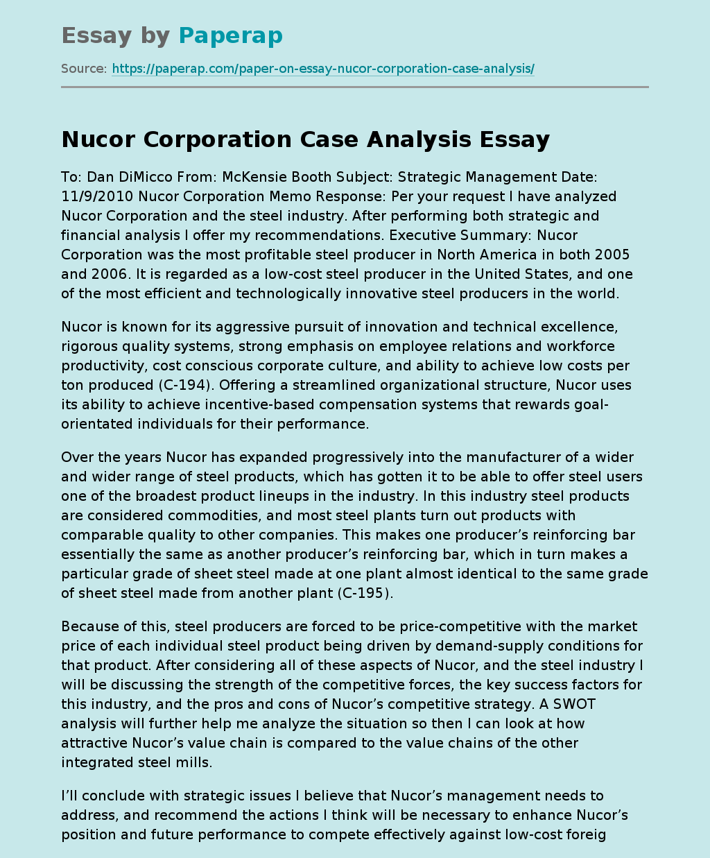 Nucor Corporation Case Analysis