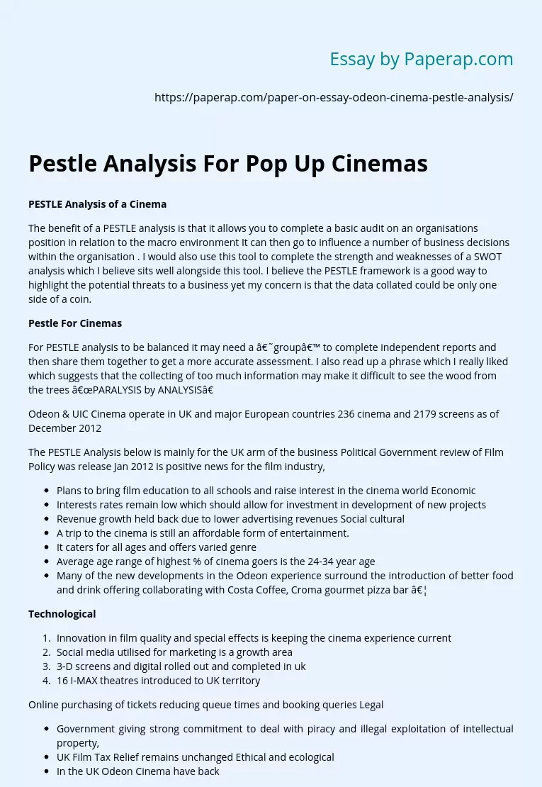 Pestle Analysis For Pop Up Cinemas