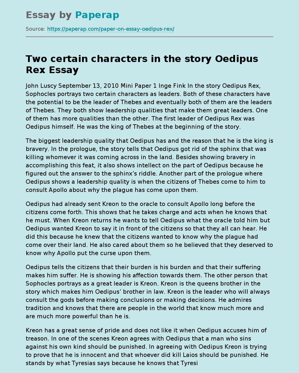 Two Certain Characters In The Story Oedipus Rex
