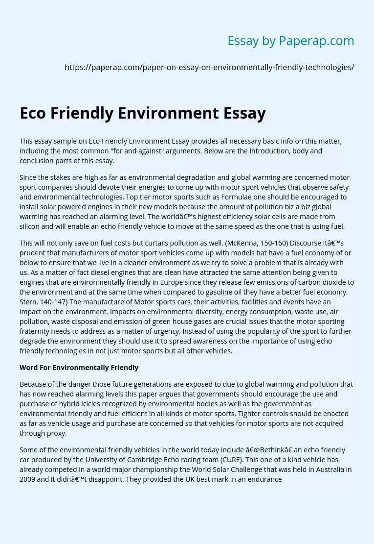 Eco Friendly Environment Essay