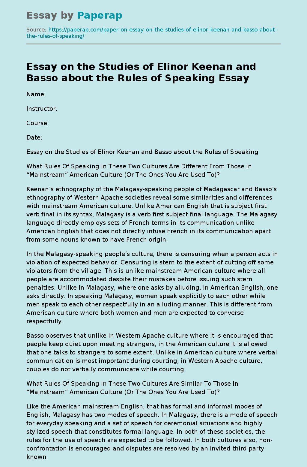 Essay on the Studies of Elinor Keenan and Basso about the Rules of Speaking