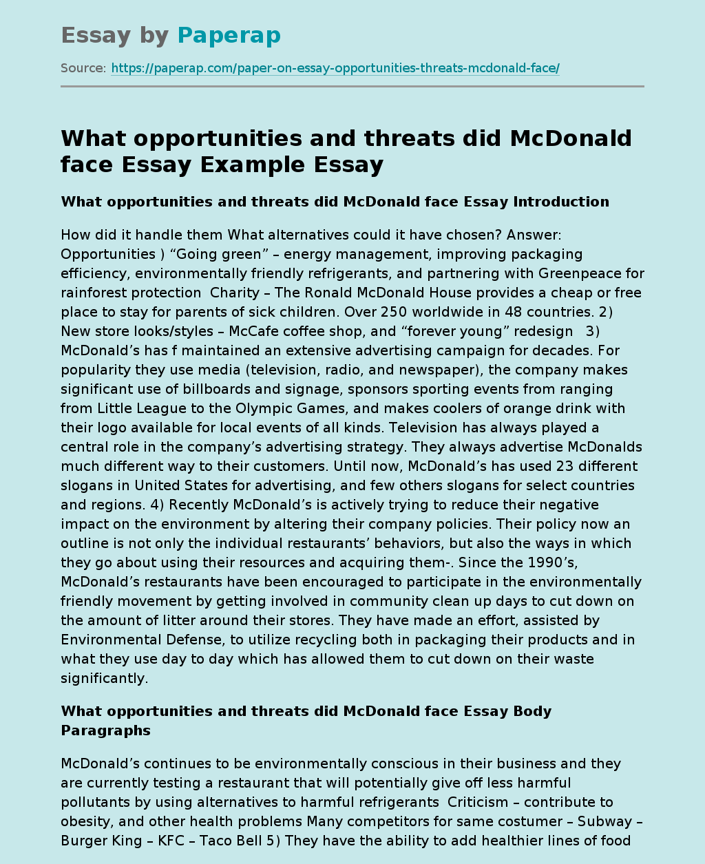What opportunities and threats did McDonald face Essay Example