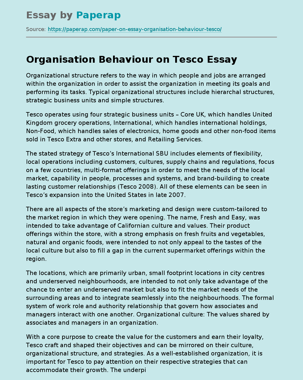 Organisation Behaviour on Tesco: Structure