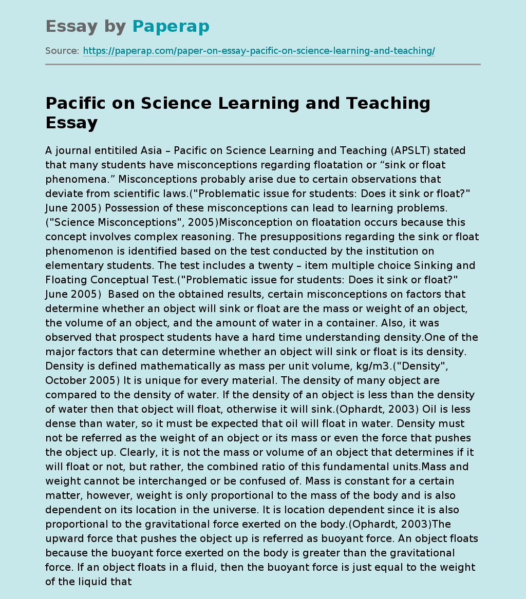 Pacific on Science Learning and Teaching