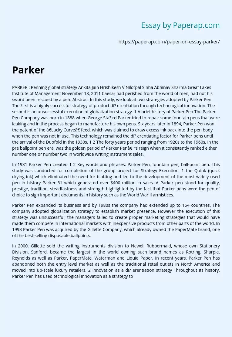 Parker Pen Company Strategies Analysis