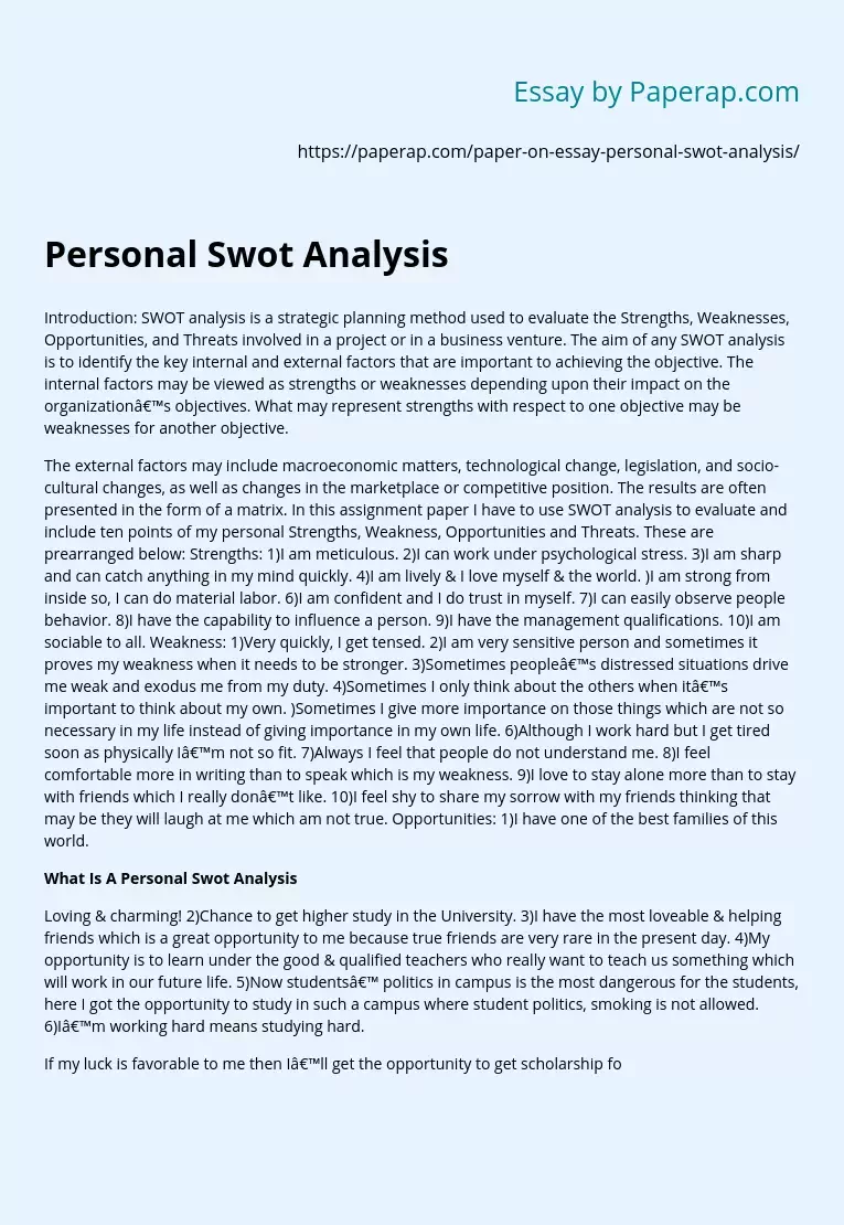 Personal Swot Analysis Free Essay Example