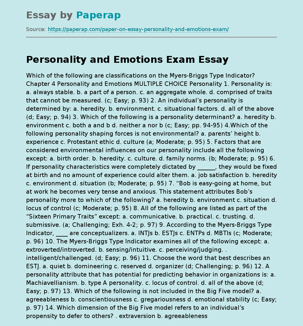 Personality and Emotions Exam