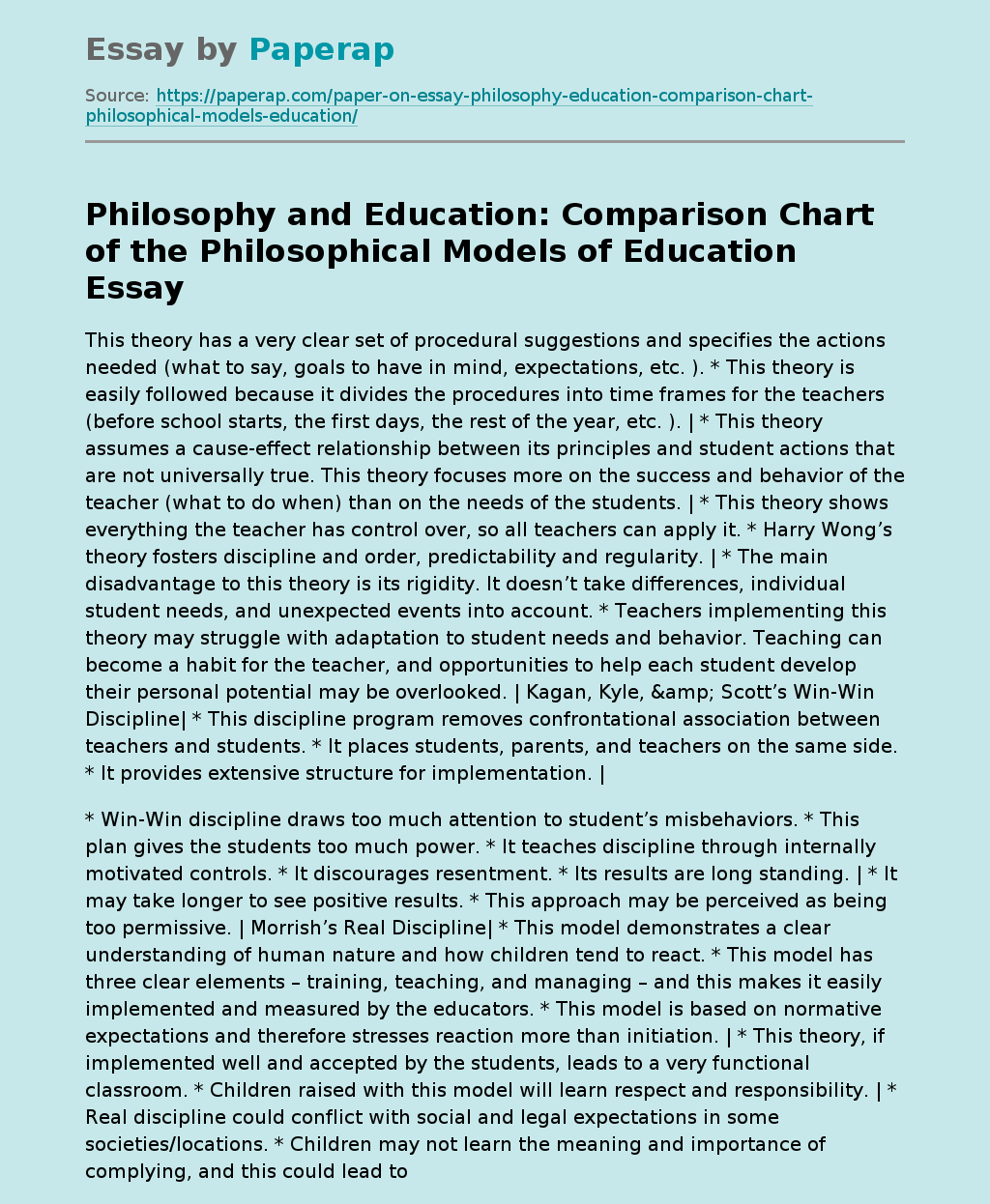 Philosophy and Education: Comparison Chart of the Philosophical Models of Education